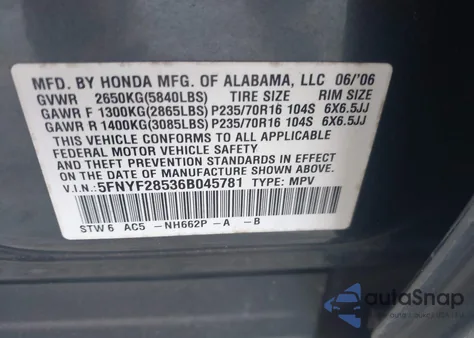 2006 Honda Pilot Ex-L from USA, damaged, VIN 5FNYF28536B045781